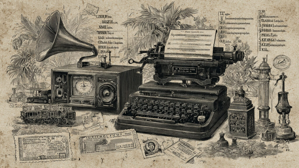 Kata serapan bahasa Belanda era Hidia Belanda Inlustrasi vintage daftar kata serapan bahasa Belanda dengan nuansa kertas tua era Hindia Belanda