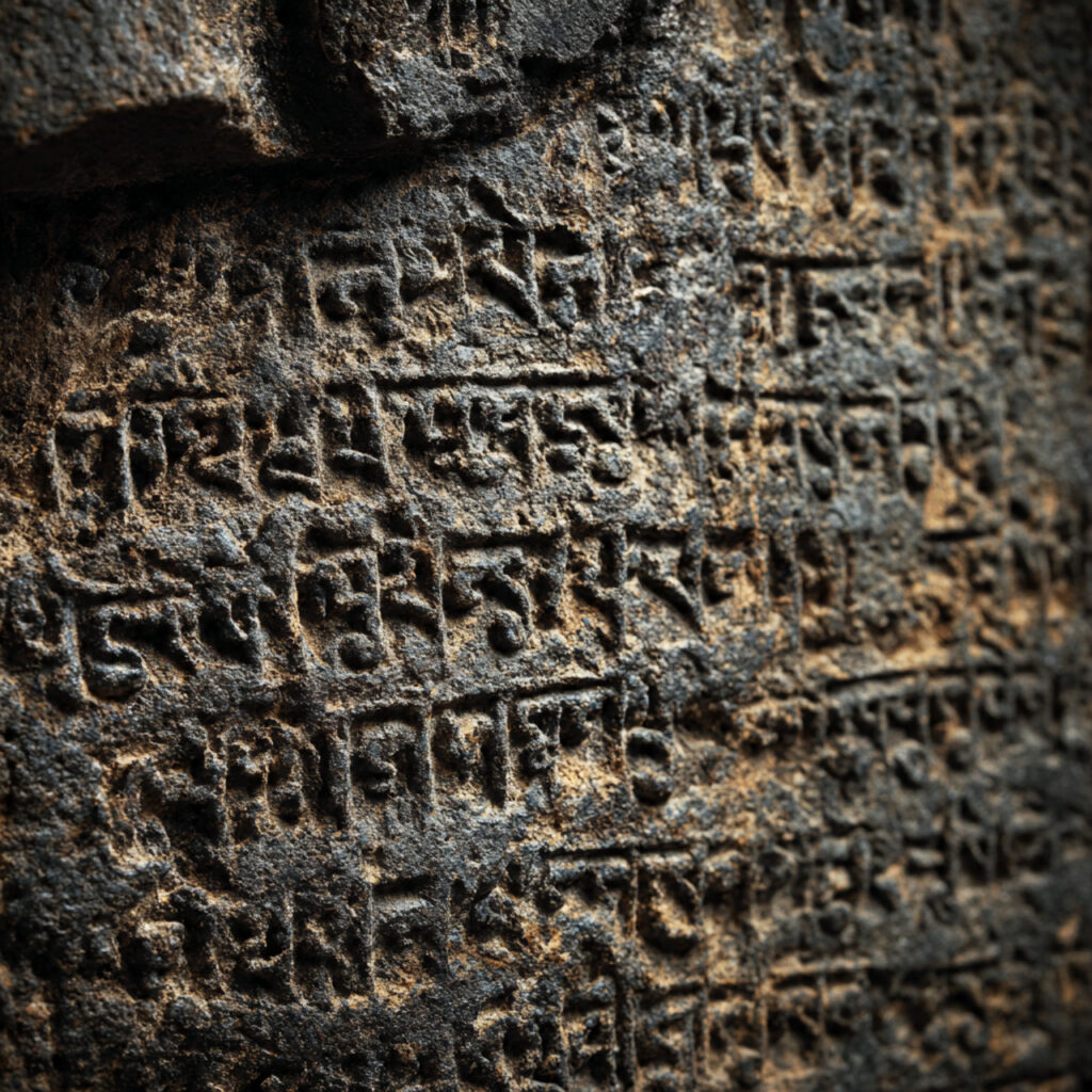 closeup-aksara-pallawa-prasasti-yupa Close-up ukiran aksara Pallawa bahasa Sansekerta pada prasasti Yupa abad ke-4 M