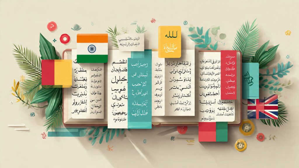 Ilustrasi bendera India, Arab, Belanda, Portugis, dan Inggris sebagai asal kata serapan